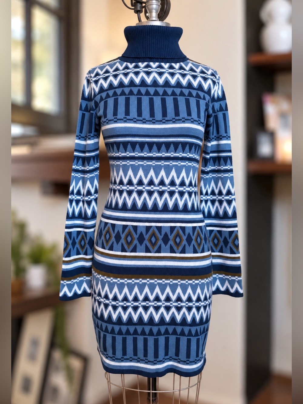 Romeo + Juliet Couture Sweater Dress Blue Geometric Fair Isle Turtleneck M